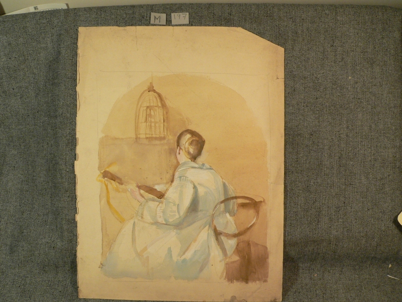 M 197 Watercolour, woman, guitar and birdcage